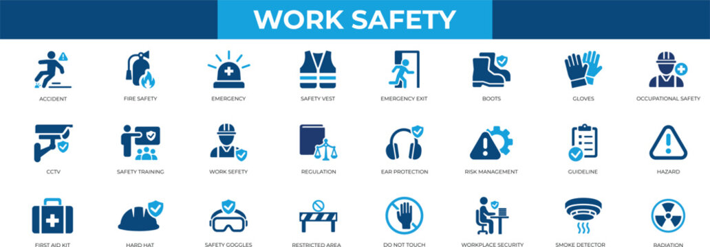 Work safety icon set collection in solid glyph style, goggles, hard hat, engineer, exit, first aid, glove, and an icon pack containing safety.