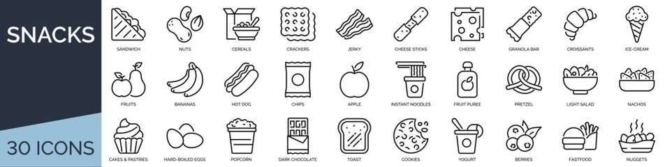 Set of 30 outline icons related to snacks. Linear icon collection. Editable stroke. Vector illustration