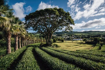 Obraz premium Vibrant Agricultural Landscape with Verdant Rows of Crops Under Blue Sky with Lush Green Foliage and Distant Hilly Terrain in Daylight