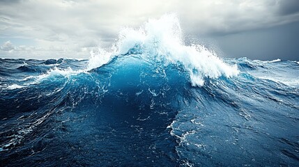 Powerful ocean wave crashing against the stormy sky