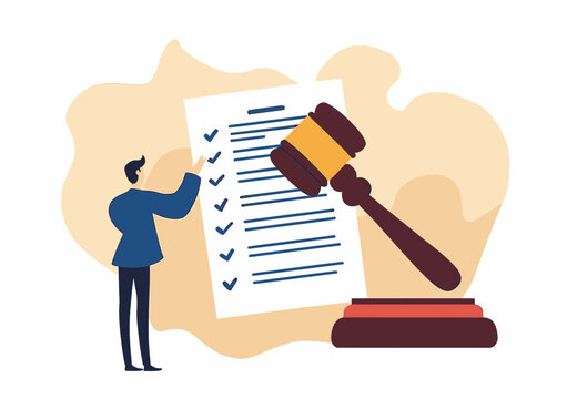 Businessman reviewing legal checklist with large gavel and judgment document law concept flat vector illustration