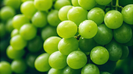 Fresh green grapes on vine showing water droplets and sunlight reflections during summer harvest season