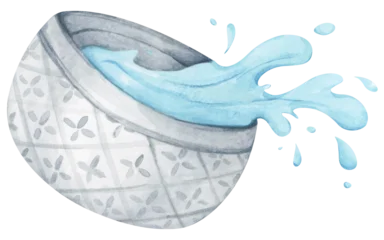 Fotobehang Hokusai The Great Wave Thai Songkran festival, water splashing from silver bowl, April summer holiday celebration, Thai new year culture tradition, Watercolor illustration.  © Khaneeros