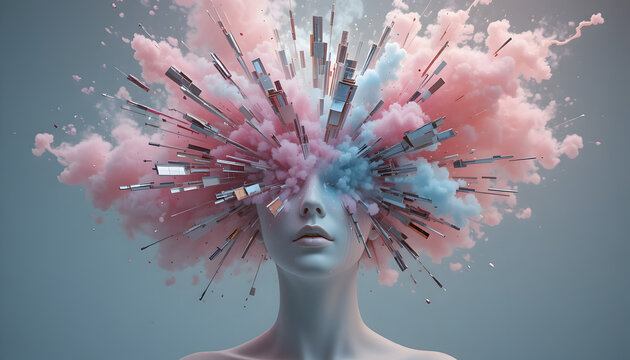 Surreal woman with makeup brushes exploding from her head