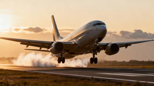 Commercial airplane taking off from runway during sunset with smoke trailing behind