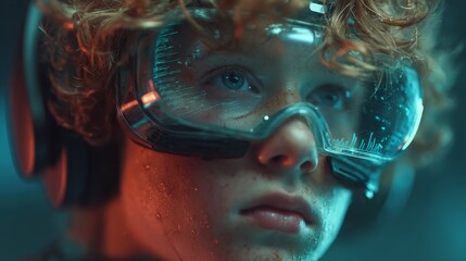 Vr sports in a cyber wonderland: exploring future gaming trends. Business metrics. Immersed in vr play: teen in vibrant cyber and neon background. Data visualization. Data insights.