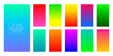 Ultra gradient swatches set. Bright vertical gradients in neon red, green, yellow, blue, and pink colors. Vivid high-contrast transitions for modern digital design. Vector illustration.