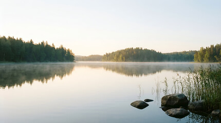 Peaceful misty lake with forest reflection and rocks at sunrise