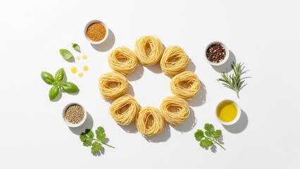 Raw pasta nests arranged in circle with cooking spices and herbs overhead