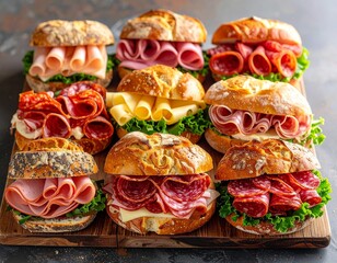 Variety of deli sandwiches featuring salami, ham, and cheese, arranged for serving