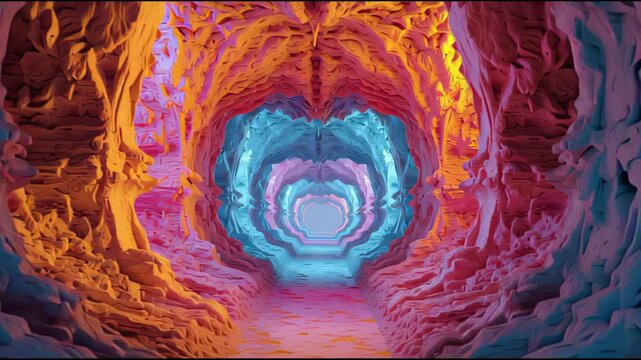 Cinematic Seamless Loop Journey Through Vibrant Multi-colored Surreal Rock Cavern and Sci-Fi Tunnel