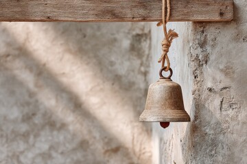 Obraz premium Traditional bronze temple bell hanging by a rope from an old wooden beam against a textured stone wall, concept of mindfulness, spiritual call and ancient religious ritual architecture