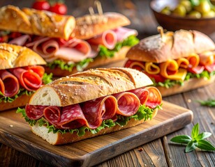 Variety of deli sandwiches featuring salami, ham, and cheese, arranged for serving