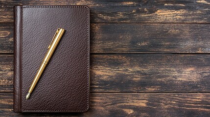 Elegant Brown Leather Notebook with a Shiny Gold Pen Resting on a Rustic Wooden Desk