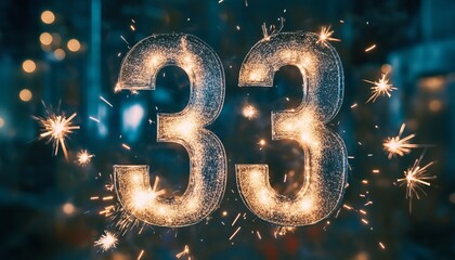 Vibrant Celebration Metallic Number Thirty-three Surrounded by Colorful Fireworks and Bokeh Effects