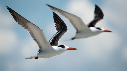 Fototapeta premium Two birds with black and white plumage, flying gracefully against a bright, cloudy sky