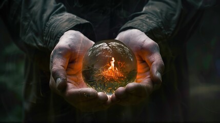 Burn Awareness Week: photo showing human hands protecting a small flame inside a glass sphere, symbol of burn awareness and prevention, dark neutral background