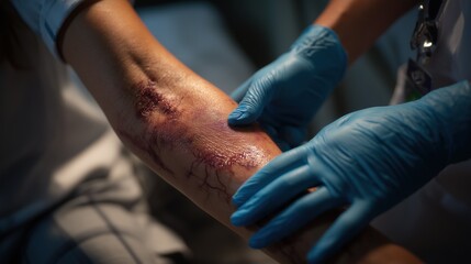 Burn Awareness Week: photo of a healthcare professional gently examining a healed burn area on a patient&rsquo;s arm, medical gloves, clinical but warm environment, focus on prevention and education