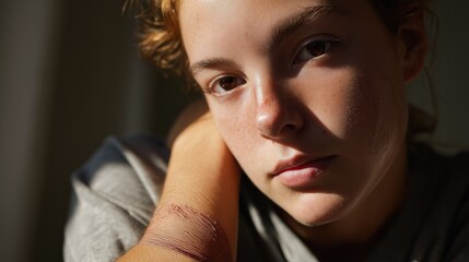 Fototapeta premium Burn Awareness Week: photo of a young adult with a healed burn scar on the forearm, soft natural window light, calm neutral expression, focus on resilience and recovery, realistic skin texture