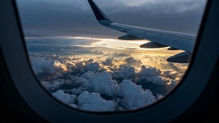 View from airplane window showing wing above clouds during sunset