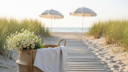 Serene beach pathway with wicker basket flowers and towel