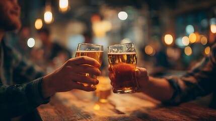 Close-up of two people toasting with beer glasses at a dimly lit bar, blurred background