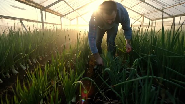 Cinematic 4K time-lapse video of greenhouse onion cultivation. Worker casual clothing walking along rows onions, planting, watering inspecting leaves. Golden morning sunlight entering glass panels