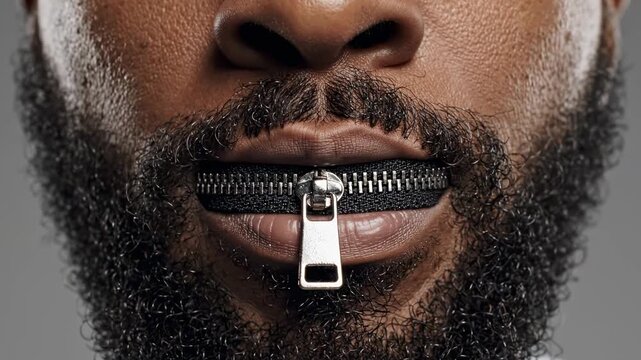 Extreme close up of a bearded african american man's mouth with a zipper opening and closing, symbolizing silence, censorship, keeping secrets, or the inability to speak against injustice