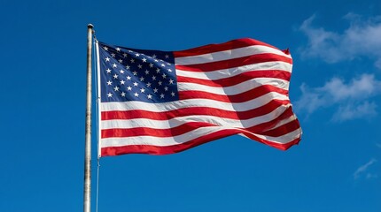American flag against bright blue sky patriotic symbol national banner
