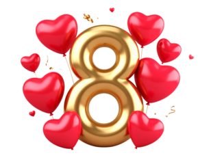  - March 8 Golden Number Eight with Red Heart Balloons, International Women’s Day Luxury Vector Background 