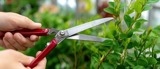 Pruning an apple tree branch with red garden shears in bright green surroundings during daylight hours