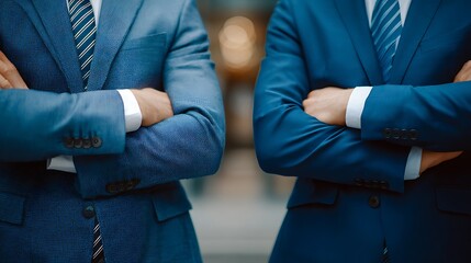 Fototapeta premium Close-up of two men in blue suits, arms crossed. Back view, blurred office background