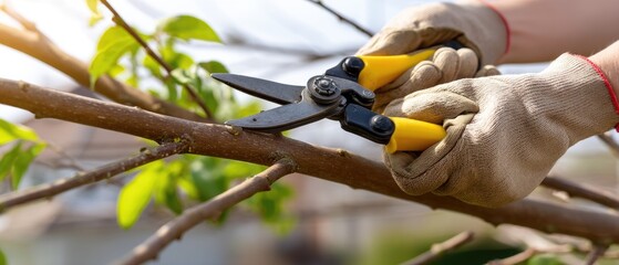 Gardening with shears to trim branches in spring sunlight amidst blurred trees and plants