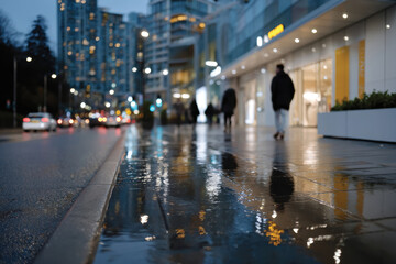 Obraz premium A tranquil city street at night showcases reflections of colorful lights on wet pavement, creating an atmospheric and serene ambiance that captivates the viewer.