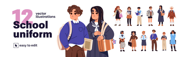 Obraz premium Diverse students set. Cute kids are wearing different school uniforms. Happy children with backpacks. Little boys and girls with books, bags for education. Flat isolated vector illustrations on white