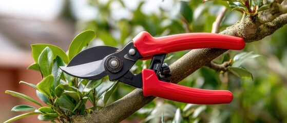Close-up view of shears with red handle used to prune young tree branch in garden under daylight