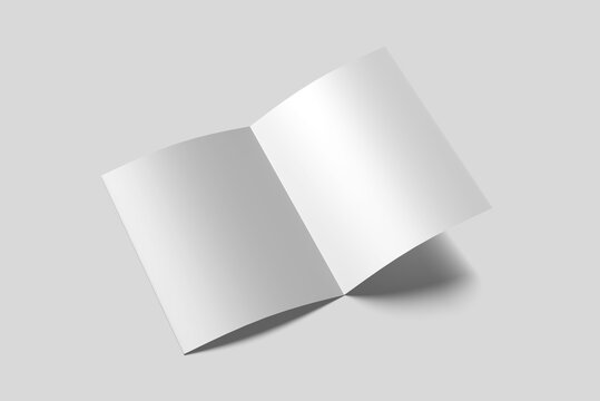 Universal blank one A4,(A5) bi-fold brochure with soft shadows isolated on gray background. Template booklet is turned down opened and shows the front and backside cover. 