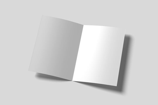 Concept mockup with two blank A4, (A5) bi-fold brochure with soft shadows isolated on gray background. One booklet is closed and lie on open on the spread. 