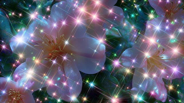 A colorful floral postcard design featuring sparkles and a digital glow reminiscent of early computer art from the 1990s.