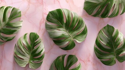 Lush tropical monstera leaves artfully arranged on a pink marble background
