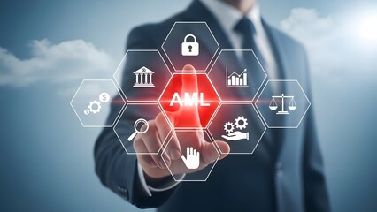 Business Professional Interacting with Advanced Anti-Money Laundering (AML) Digital System for Financial Security and Compliance