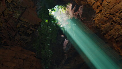 Beams of soft light penetrate a rocky cave, illuminating vibrant greenery and creating a magical...