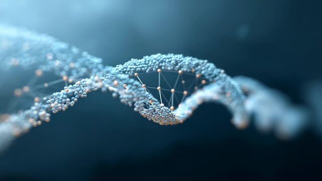 Conceptual rotating 3d model of a dna double helix made of particles and connections, representing genetic research, biotechnology, and scientific advancement on a dark blue background