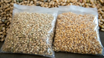 Obraz premium Two clear plastic bags filled with various types of dried grains and seeds used for high energy food rations and emergency storage