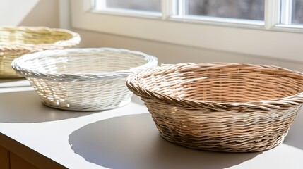 Fototapeta premium Two handmade woven wicker baskets sit on a table in soft natural light