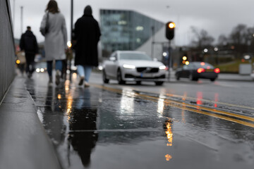 Obraz premium A rainy urban scene portrays pedestrians walking under umbrellas beside a shiny road surface, capturing the essence of city life and the reflections of moving cars.