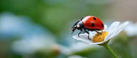 Close-up of ladybug on daisy flower captured in nature setting with soft focus and blurred green background showcasing beauty of small animals and plants