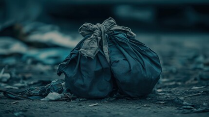 Two large dark blue trash bags tied with cloth are carelessly discarded on the ground in an outdoor environment