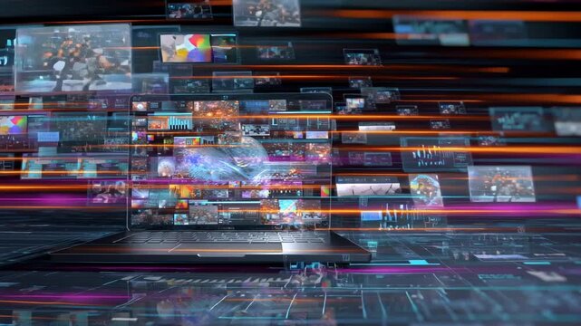 Futuristic dynamic scene showcasing a laptop with streaming data and vibrant visuals in a high-tech environment