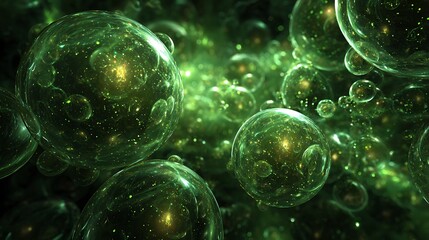 Close-up of glowing green orbs floating in a chaotic, ethereal abstract space